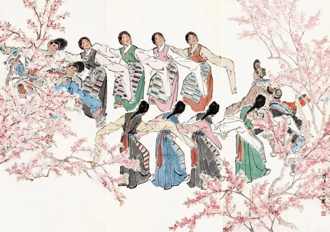 葉淺予高原之春紙本設(shè)色211cm×98cm、211cm×105cm、211cm×98cm1964年